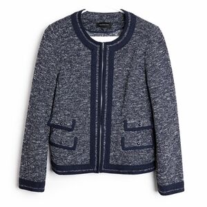 Talbots Navy Tweed Jacket Size 8 Zip Front Knit Blazer Cotton Blend